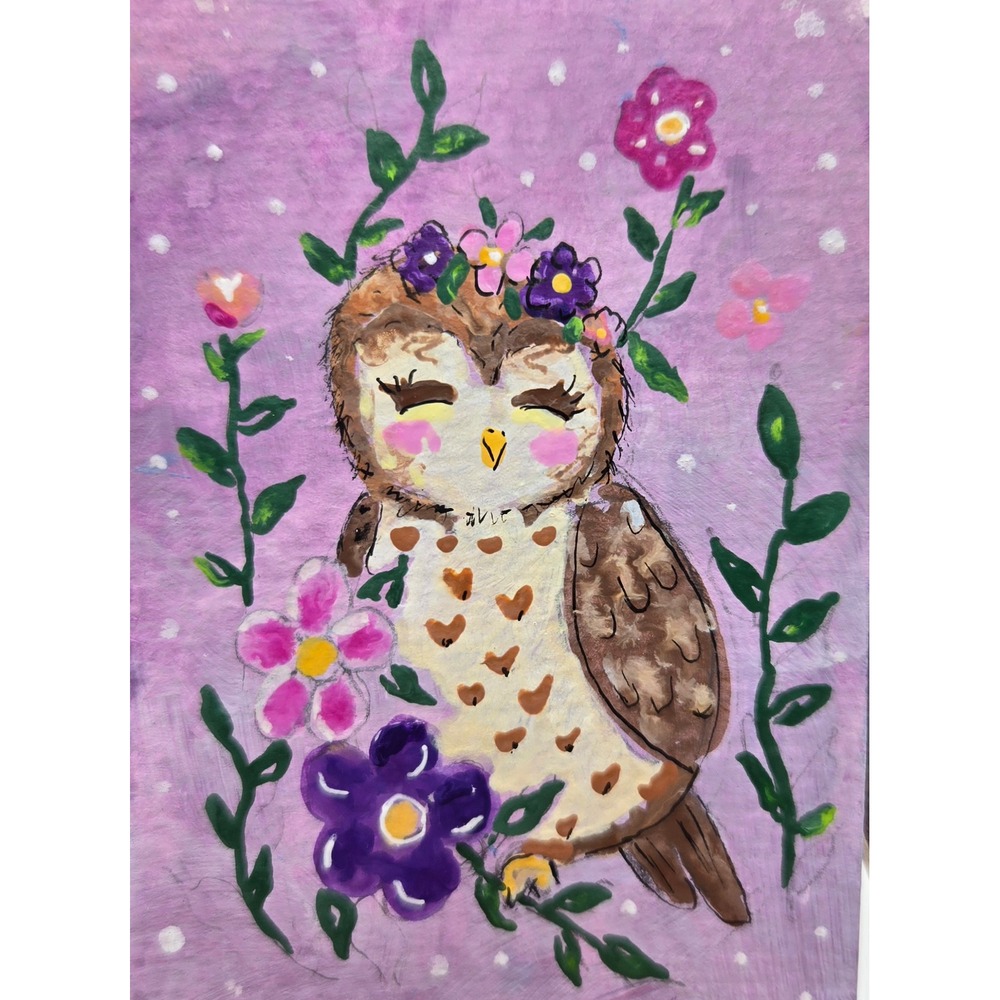 ACEO Flower Owl Acrylic Painting Purple Floral Folk Art Miniature Signed OOAK